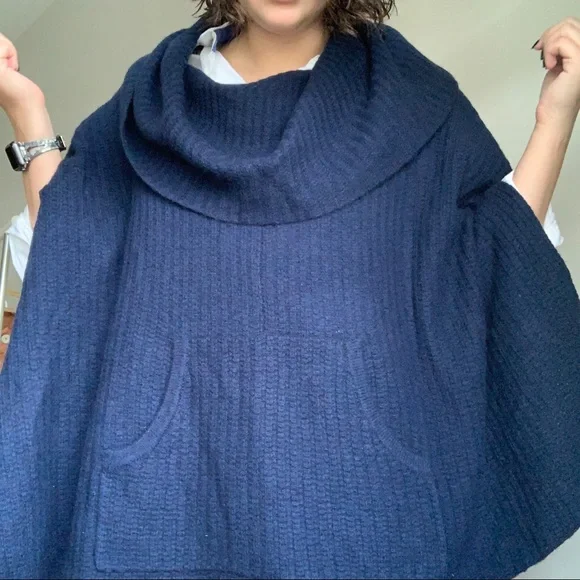 360Cashmere Heather Navy Cashmere Draped Poncho OS - Picture 5 of 7